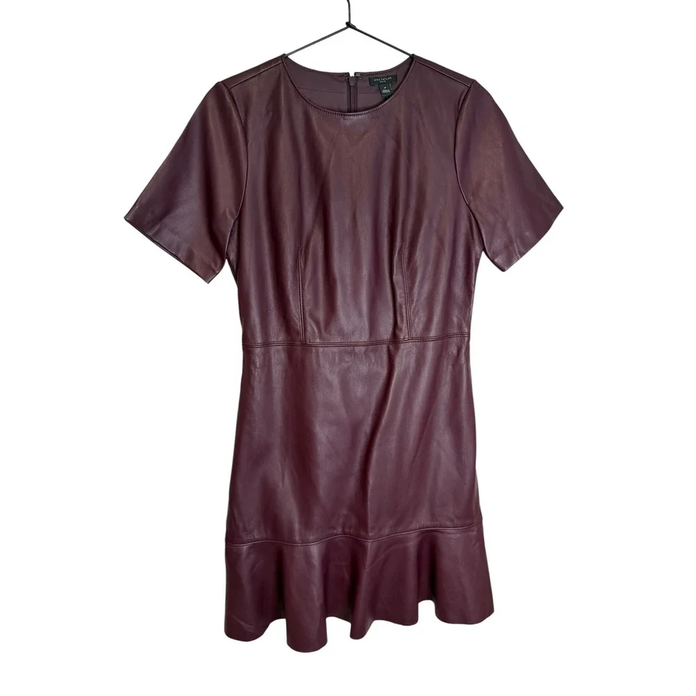 NWT Ann Taylor Petite Faux Leather Flounce Hem Dress Burgundy Wine 6 Work Office